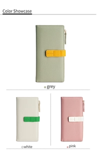 Detailed color showcase of long leather wallets with contrast stitching and buckle closure