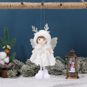 White plush Christmas angel and reindeer hanging ornaments with lace and silver sequins