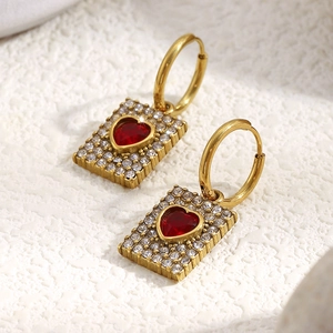 18K gold plated stainless steel hoop earrings with crystal square charm and red heart