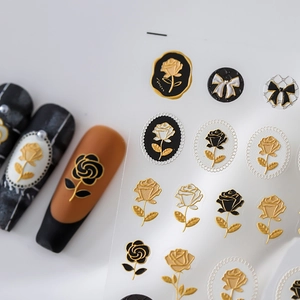 3D-Relief-Nagelaufkleber mit eleganten Vintage-Rosen und Schleifenmustern mit Goldakzenten