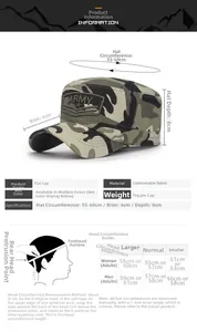 Size guide for camouflage military cap showing head circumference measurements and dimensions