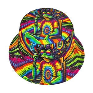 Colorful bucket hat with psychedelic frog print and vibrant tie-dye swirl patterns