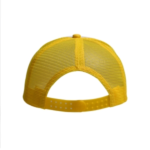 Detail view of adjustable yellow trucker hat snapback closure and mesh back panel