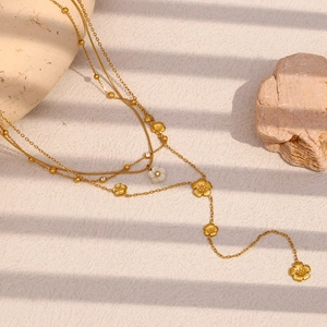 Multi-Layer Necklace 18K Gold Plated Stainless Steel White Flower Pendant Y-Shaped Tassel Elegant Vintage Jewelry Women