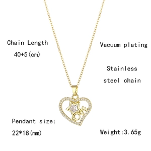 Detail view of gold heart necklace with dimensions, chain length and product weight info