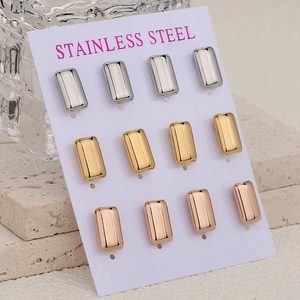 Minimalist stainless steel rectangular stud earrings in silver, gold and rose gold finishes