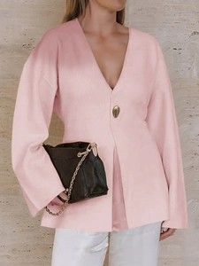 Elegant pink V-neck long sleeve cardigan with single button closure for women