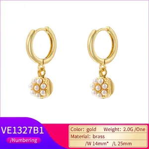 Vintage golden brass hoop earrings with pearl inlaid circular charms 14mm by 25mm