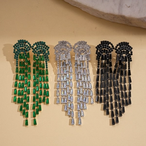 Silver needle long tassel jellyfish earrings with zircon in emerald green white and black