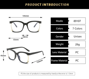 Detailed size chart for oversized black half-frame glasses with full frame dimensions