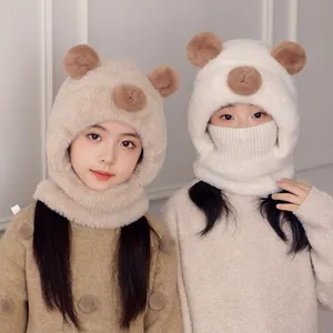 Kids Winter Integrated Plush Hooded Hat And Scarf Mask Faux Fur Cute Capybara Bear Ears Thermal Windproof For Boys Girls