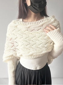 Detailed view of white hollow-out knit shawl and shrug top with long sleeves for women