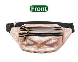 Front view of laser holographic fanny pack with pink gold reflective dual zippers