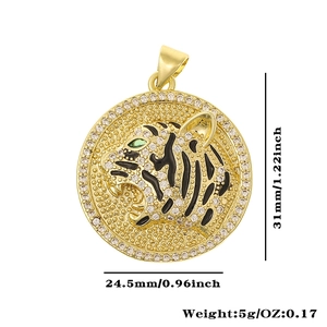 Detail view of a gold tiger head pendant with size dimensions and weight specs