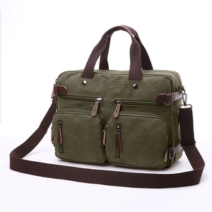 Army green canvas 3-way briefcase for 17-inch laptops with multi-pocket design