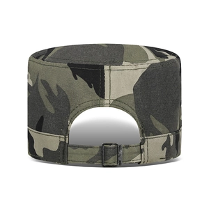 Camo tactical cadet cap with flat top and adjustable metal buckle on back view