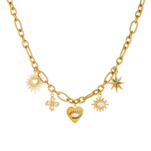 Golden titanium steel chain necklace with colorful sun and devil eye charms