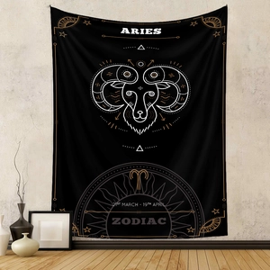 Bohemian black Aries zodiac wall tapestry with white line art and golden constellation details