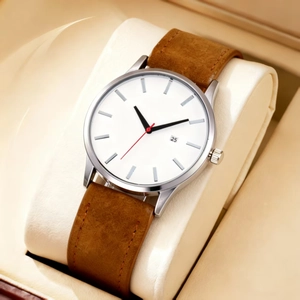Montre homme d'affaires minimaliste avec bracelet en cuir marron et cadran dateur blanc