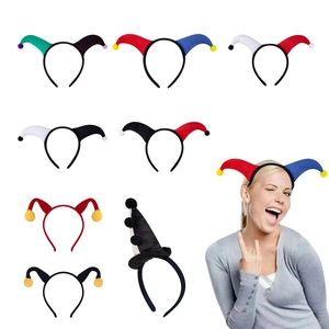Jester Clown Headband Plush Knit Fabric Halloween Carnival Cosplay Costume Accessory Colorful Pompoms Festive Masquerade Hair Hoop