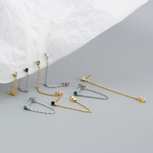 Detailed view of minimalist S925 silver chain earrings with colorful zircon gemstones