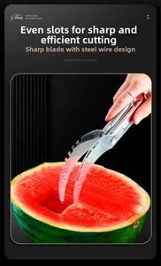 Macro shot of stainless steel watermelon slicer cutting fresh fruit with steel wire