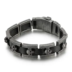 Bracciale Teschio Per Uomo Acciaio Inossidabile 316L E Pelle Di Vacca Vintage Distressed Punk Gothic Hip Hop Gioielli