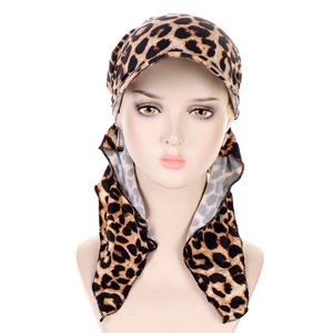 Detail view of fashion turban hat featuring stylish leopard print and soft fabric texture