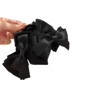 Elegant large black silk layered bow hair claw clip for women's French style hair accessories
