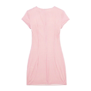 Pink and white gingham short sleeve mini dress with a zipper back on white background