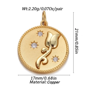Detailed view of a 17mm gold plated copper tulip pendant with sparkling zircon stones