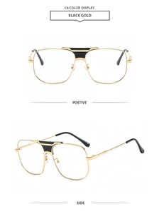 Viste frontale e laterale degli occhiali da sole vintage con montatura in metallo nero e oro