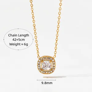 Vintage gold necklace with square halo cushion-cut zircon pendant on 42cm chain