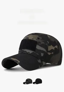 Close-up of the front hook-and-loop patch panel on a camouflage tactical baseball cap