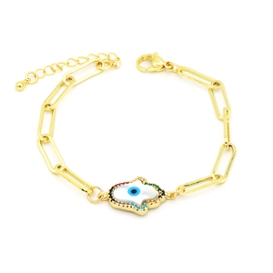 Gold Hamsa Hand paperclip bracelet with Evil Eye pendant and colorful zircon stones