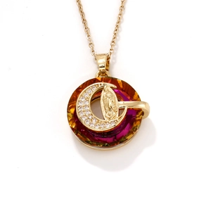 Elegant gold stainless steel necklace featuring a crystal moon and religious relief pendant