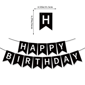 Μαύρη χάρτινη γιρλάντα Happy Birthday με αστέρια και διαστάσεις για διακόσμηση πάρτι