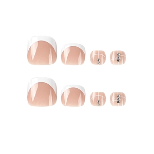 White French style press-on toenails with sparkling rhinestones for elegant foot manicure