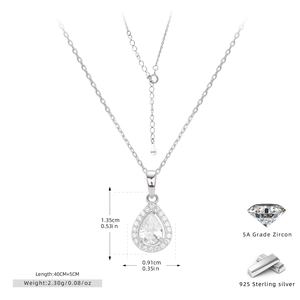 Macro detail of teardrop 925 silver necklace with 5A zircon and size dimensions