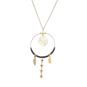 Ethnic bohemian gold necklace with circle pendant, colorful flowers, and leaf charms