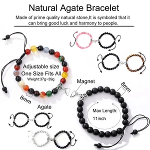 Adjustable magnetic natural agate stone bracelets for couples with 8mm chakra beads