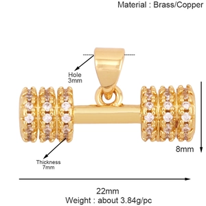 Vue détaillée du pendentif haltère doré avec dimensions précises et spécifications