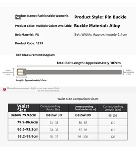 Size guide for women's Y2K rhinestone belt with PU strap and 2.4cm width details