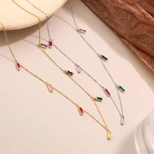 925 silver choker necklace with colorful zircon rectangular pendants in gold and silver