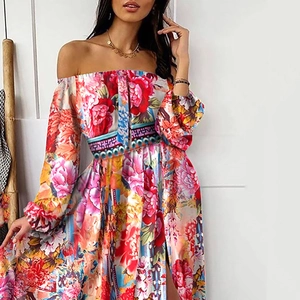 Elegant off-shoulder floral maxi dress with retro long sleeves and high slit details