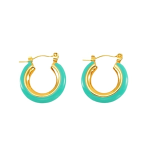 Vintage golden hoop earrings with teal enamel coating and polished metallic finish