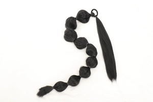 Close-up of a 75cm long black bubble ponytail extension with high-quality synthetic hair