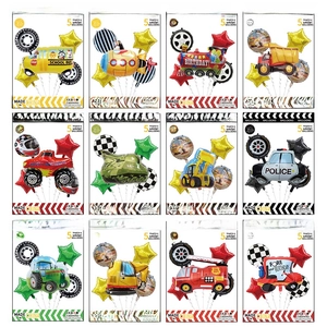 12 styles of cartoon vehicle foil balloon sets including bus, excavator, and fire truck