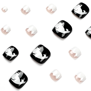 Short square press-on toenails with black white whale patterns and wave designs