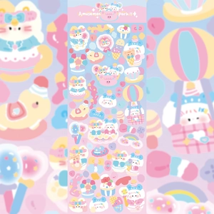 Detail of cute amusement park cartoon stickers featuring pink and blue animals and rides